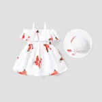 2pcs Baby Girl Floral Print Blue Sleeveless Spaghetti Strap Ruffle Dress with Hat Set White