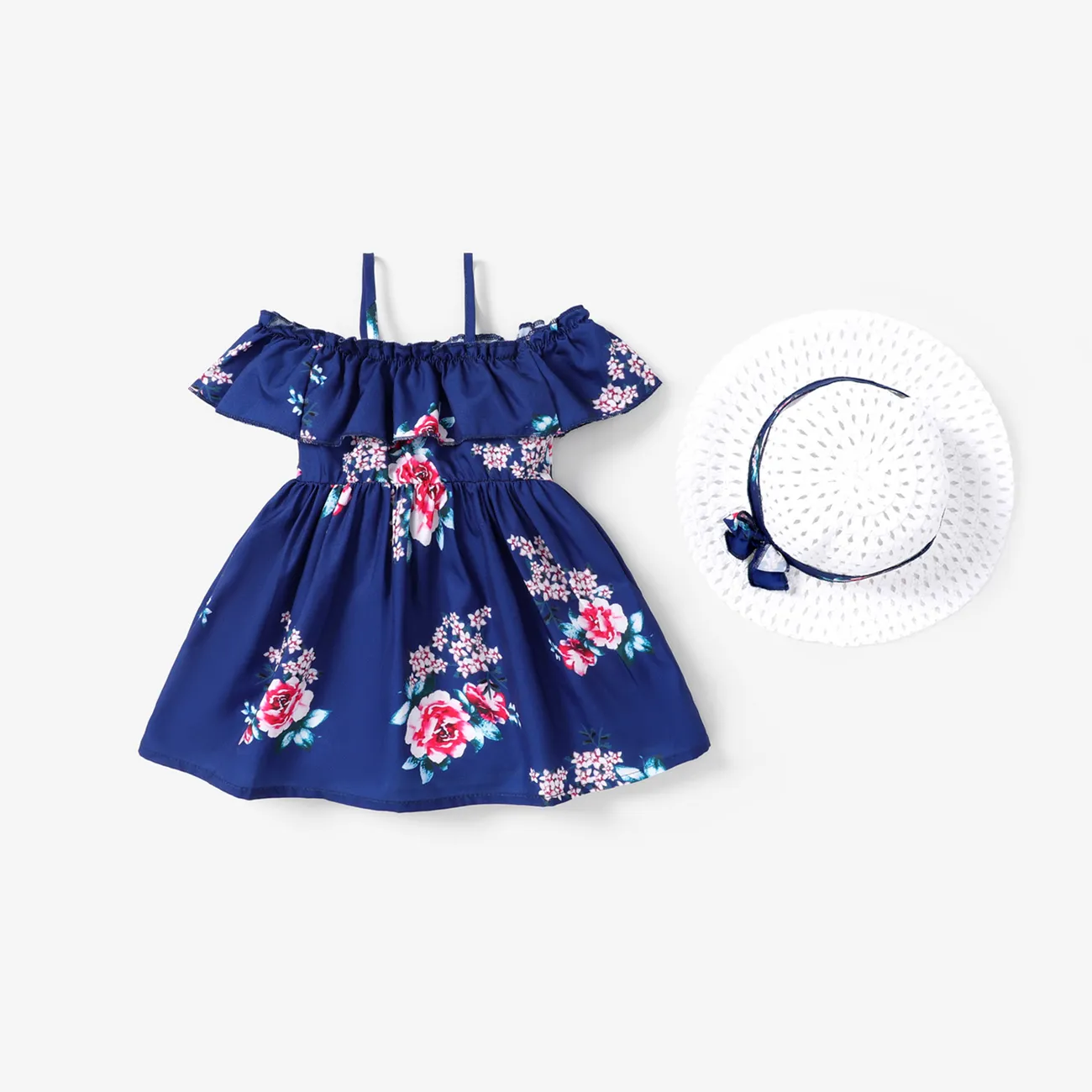 2pcs Baby Girl Floral Print Blue Sleeveless Spaghetti Strap Ruffle Dress with Hat Set Blue big image 1