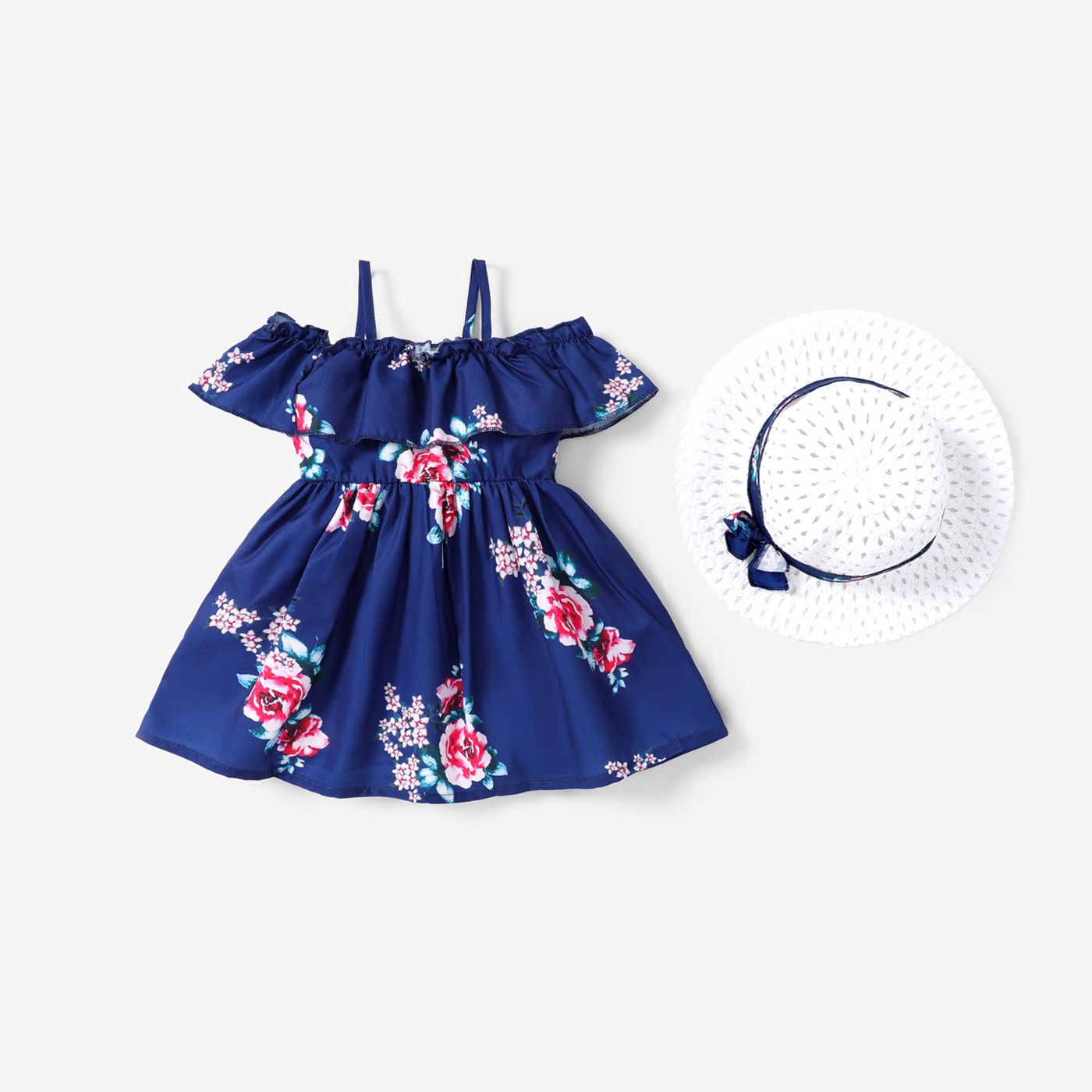2pcs Baby Girl Floral Print Blue Sleeveless Spaghetti Strap Ruffle Dress with Hat Set