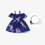 2 قطع طفلة الأزهار طباعة الأزرق بلا أكمام السباغيتي فستان كشكش مع قبعة مجموعة أزرق