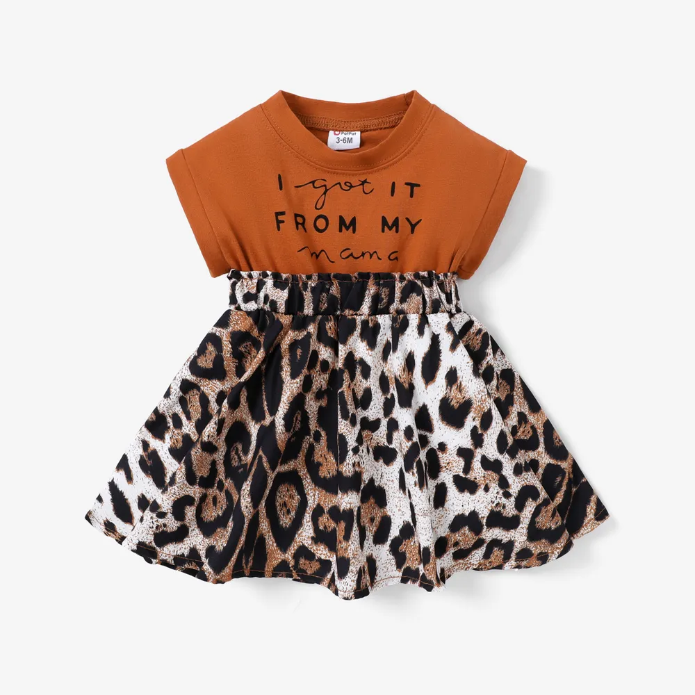 Baby Girl 95% Cotton Sleeveless Faux-two Letter Print Splicing Leopard Dress  big image 1