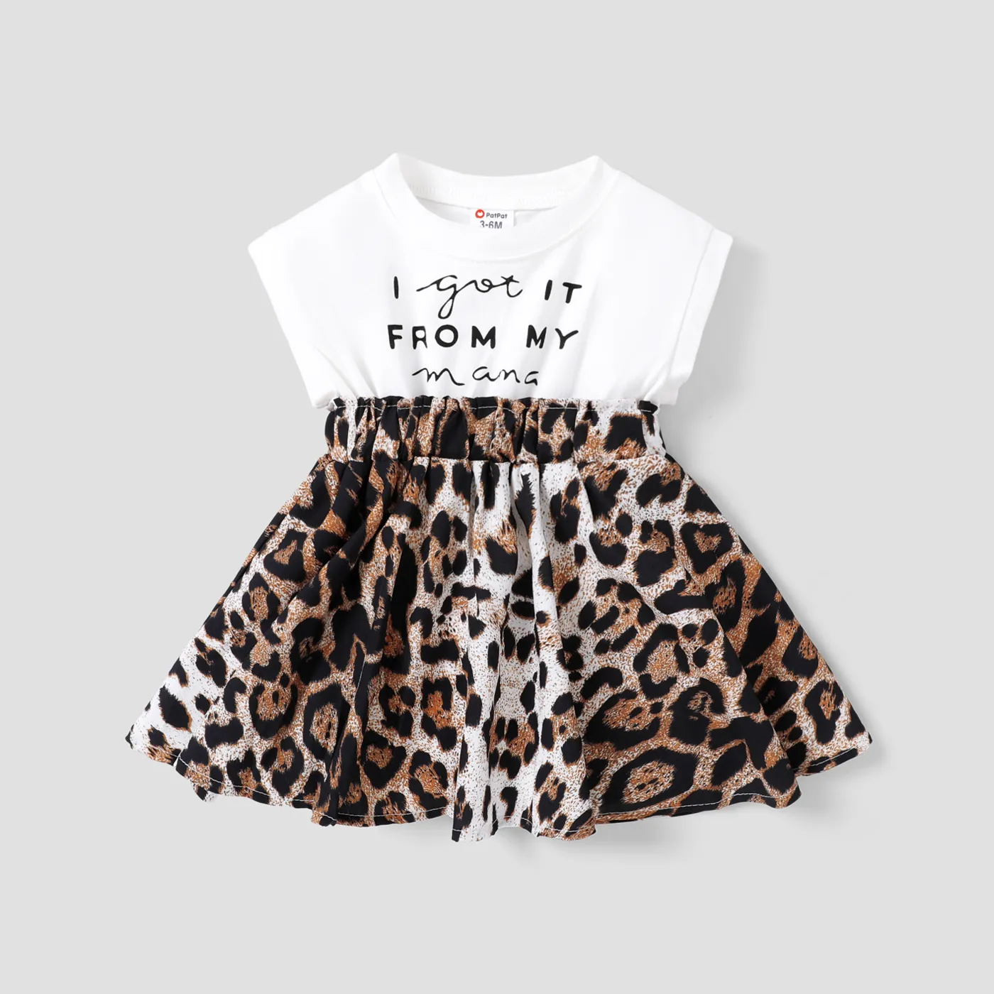 Baby Girl 95% Cotton Sleeveless Faux-two Letter Print Splicing Leopard Dress White