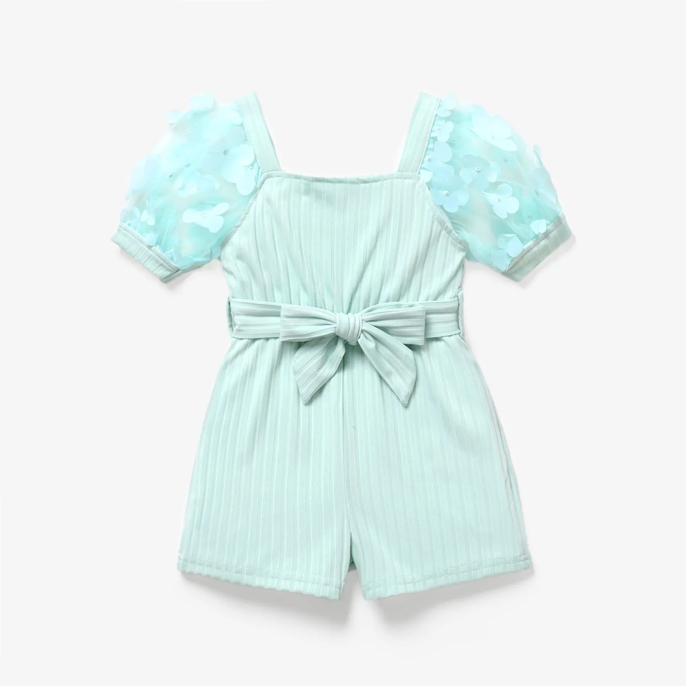 Baby Girl Pink Beaded Floral Applique Puff-sleeve Ribbed Belted Romper Light Green