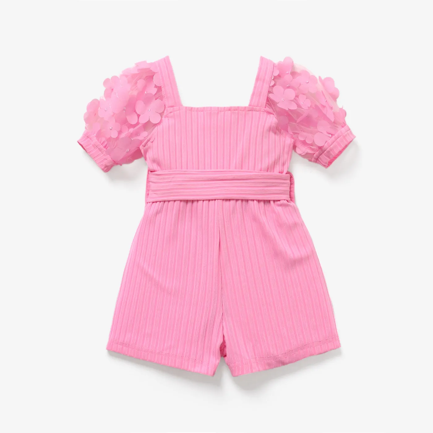 Baby Girl Pink Beaded Floral Applique Puff-sleeve Ribbed Belted Romper Pink image 2