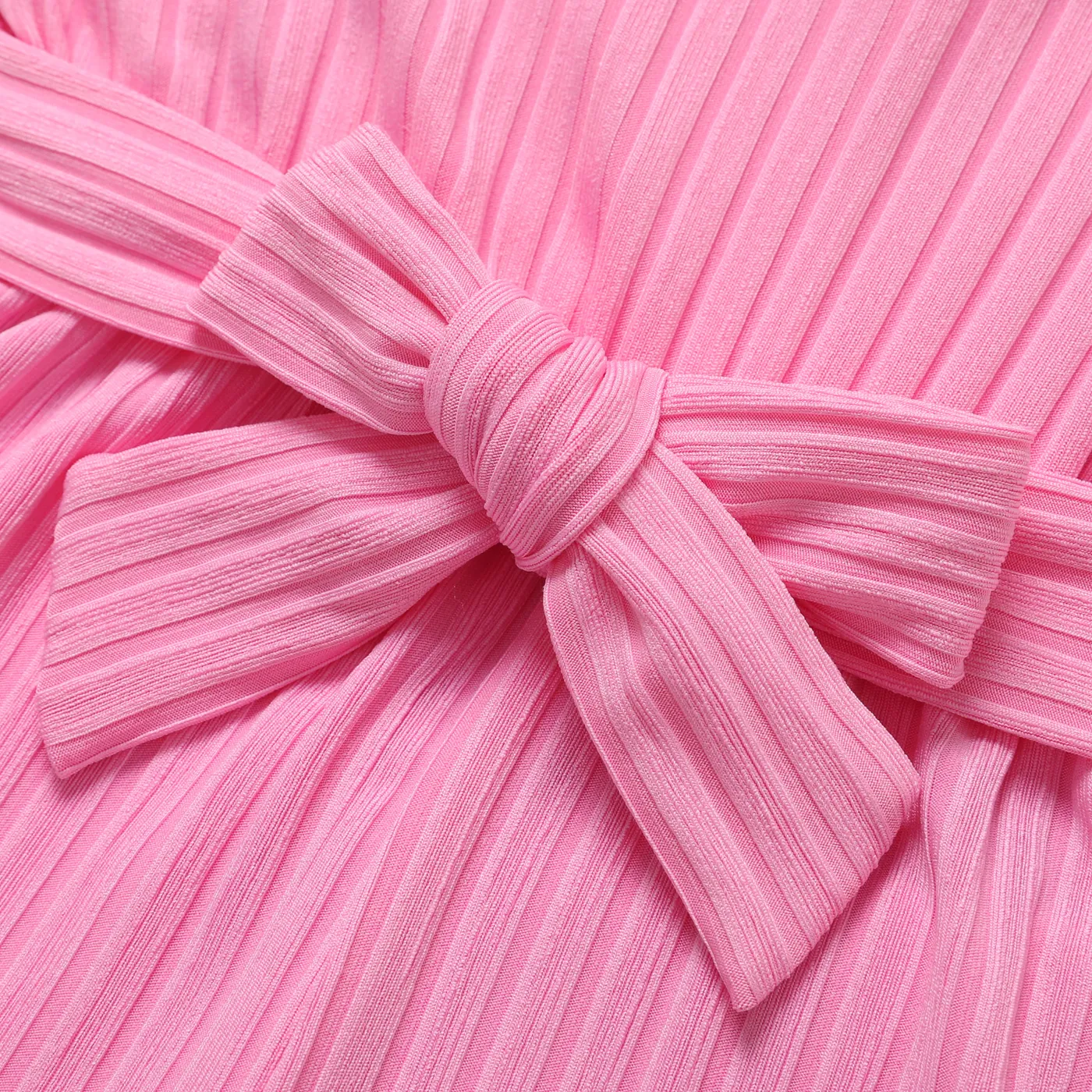 Baby Girl Pink Beaded Floral Applique Puff-sleeve Ribbed Belted Romper Pink image 4