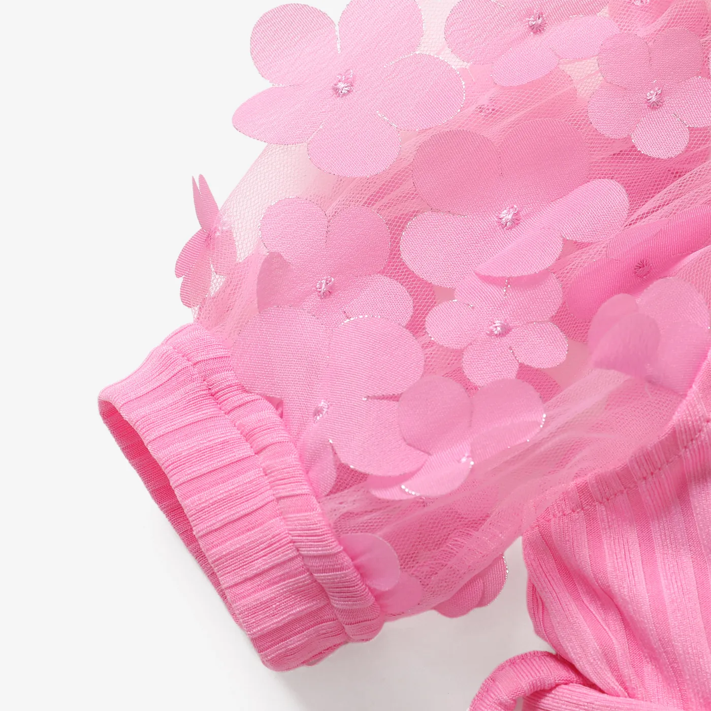 Baby Girl Pink Beaded Floral Applique Puff-sleeve Ribbed Belted Romper Pink image 3