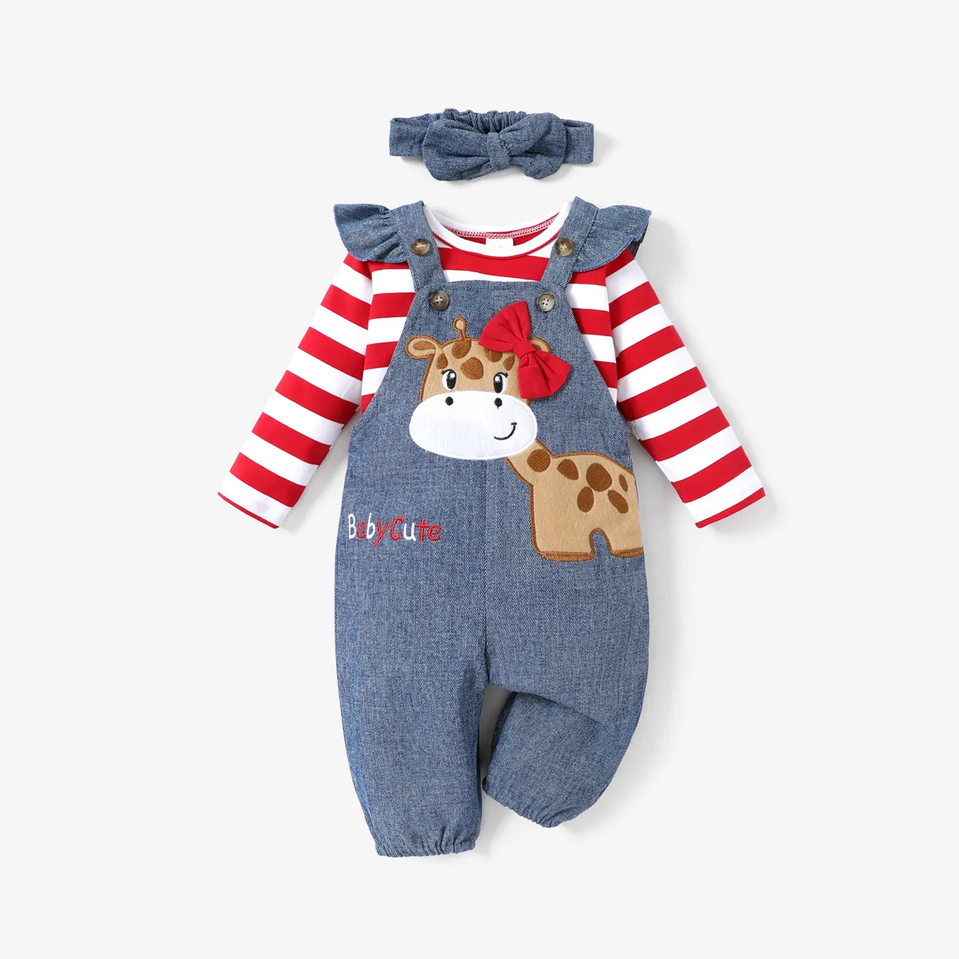 3pcs Baby Girl 95% Cotton Stripe Long-sleeve Top and 97% Cotton Giraffe Embroidery Ruffle Overalls & Headband Set  big image 1