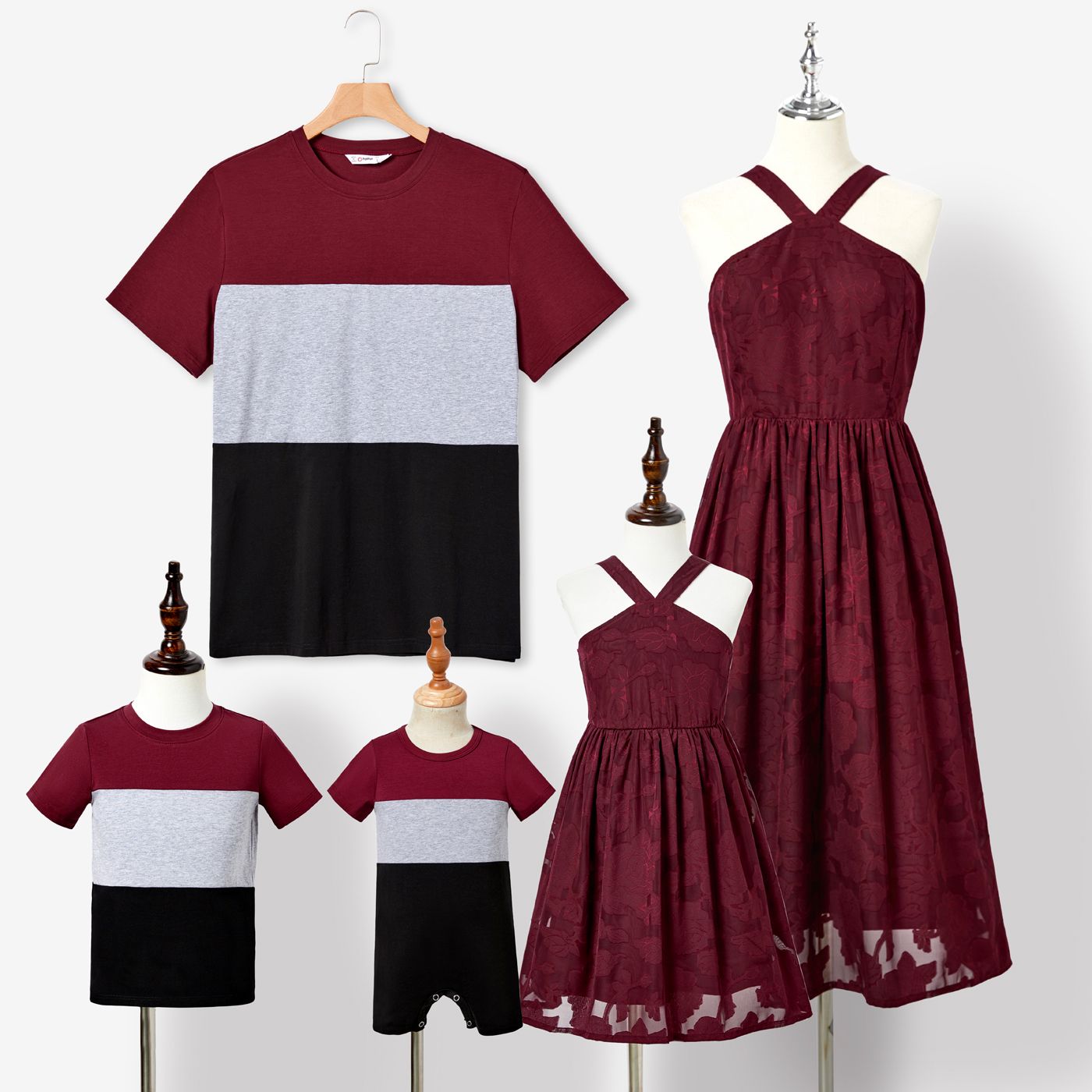Family Matching Short-sleeve Color-block T-shirts And Embroidered Floral Halter Neck Dresses Sets