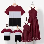 Family Matching Short-sleeve Color-block T-shirts and Embroidered Floral Halter Neck Dresses Sets  image 2