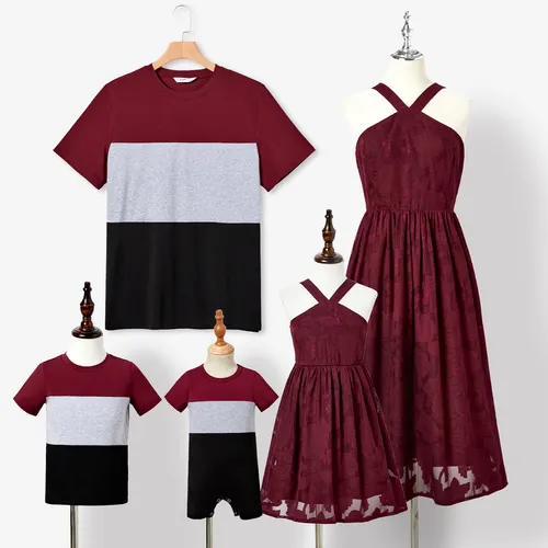 Family Matching Short-sleeve Color-block T-shirts and Embroidered Floral Halter Neck Dresses Sets