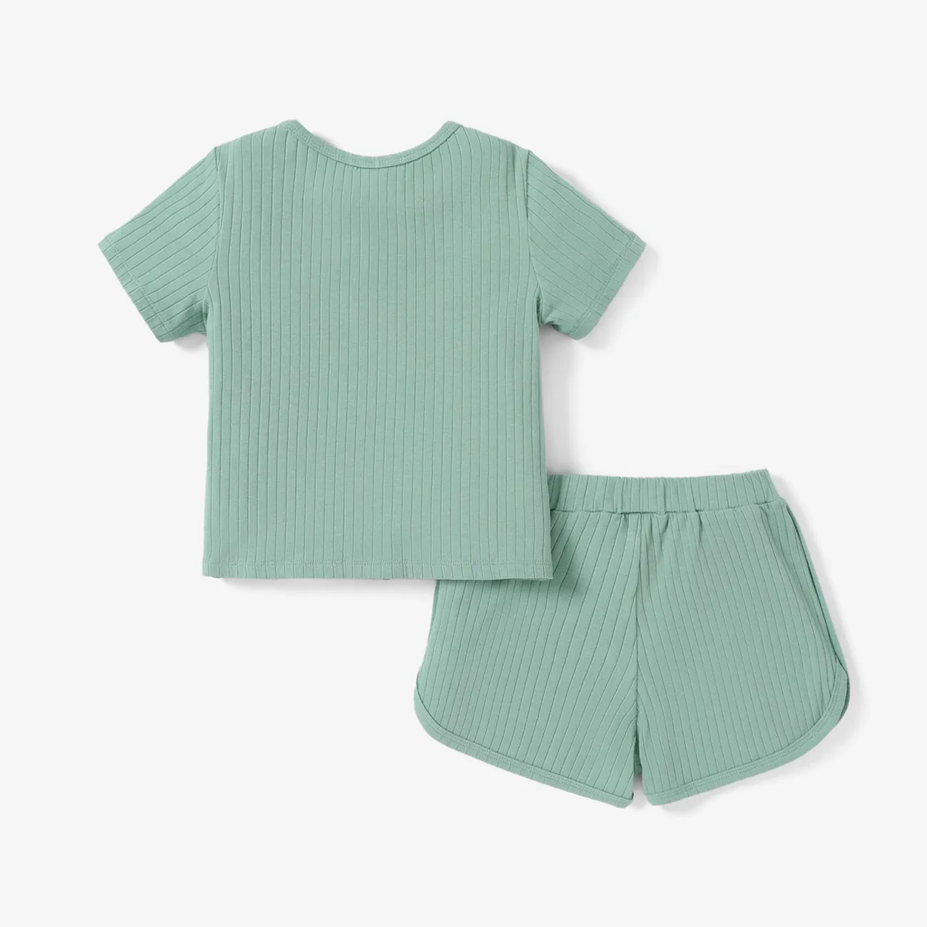 2pcs Toddler Girl Letter Print Ribbed Short-sleeve Tee and Bowknot Design Elasticized Shorts Set Light Green big image 1