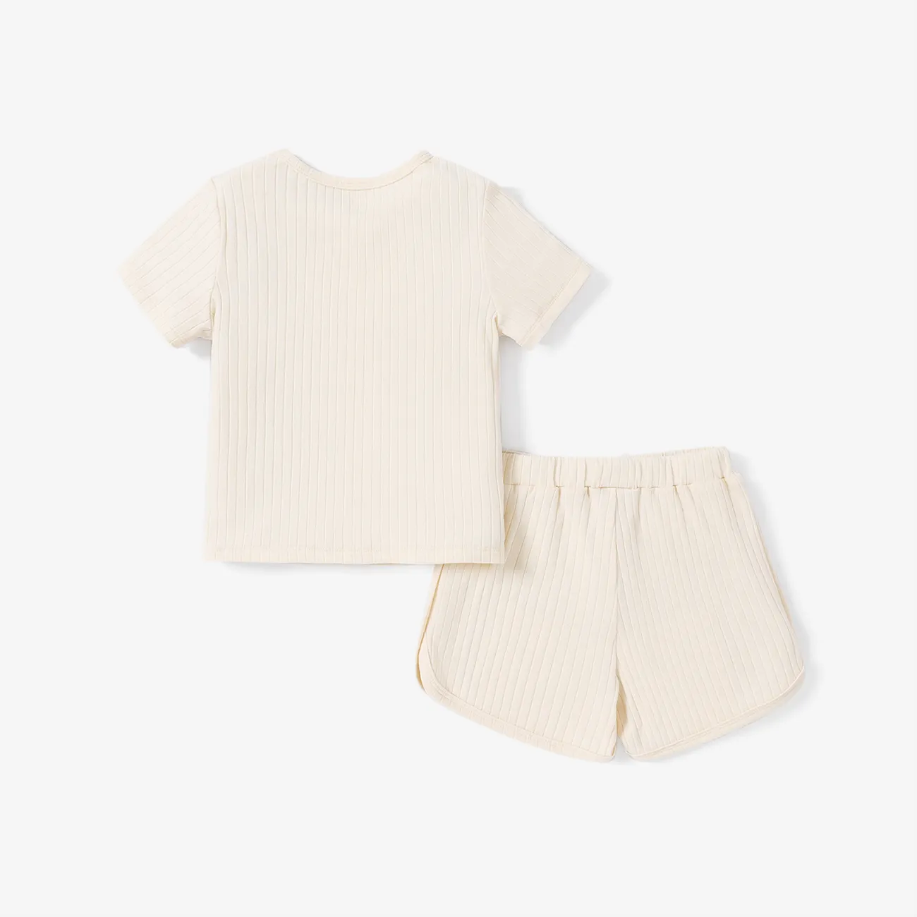 2pcs Toddler Girl Letter Print Ribbed Short-sleeve Tee and Bowknot Design Elasticized Shorts Set Apricot big image 1