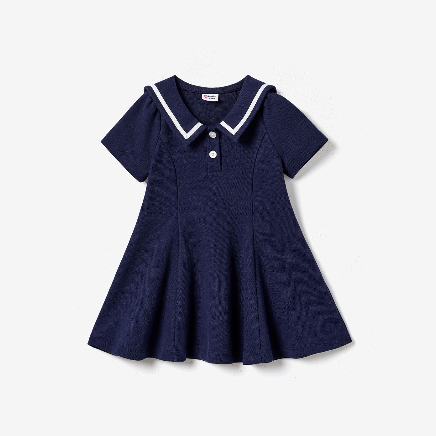 Family Matching Casual Navy Blue Short-sleeve Stripes Polo Shirts And Solid Sailor Collar Smocked Hem Dresses Sets