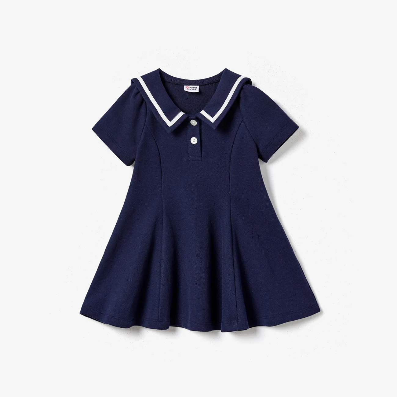 Family Matching Casual Navy Blue Short-sleeve Stripes Polo Shirts and Solid Sailor Collar Smocked Hem Dresses Sets  big image 1