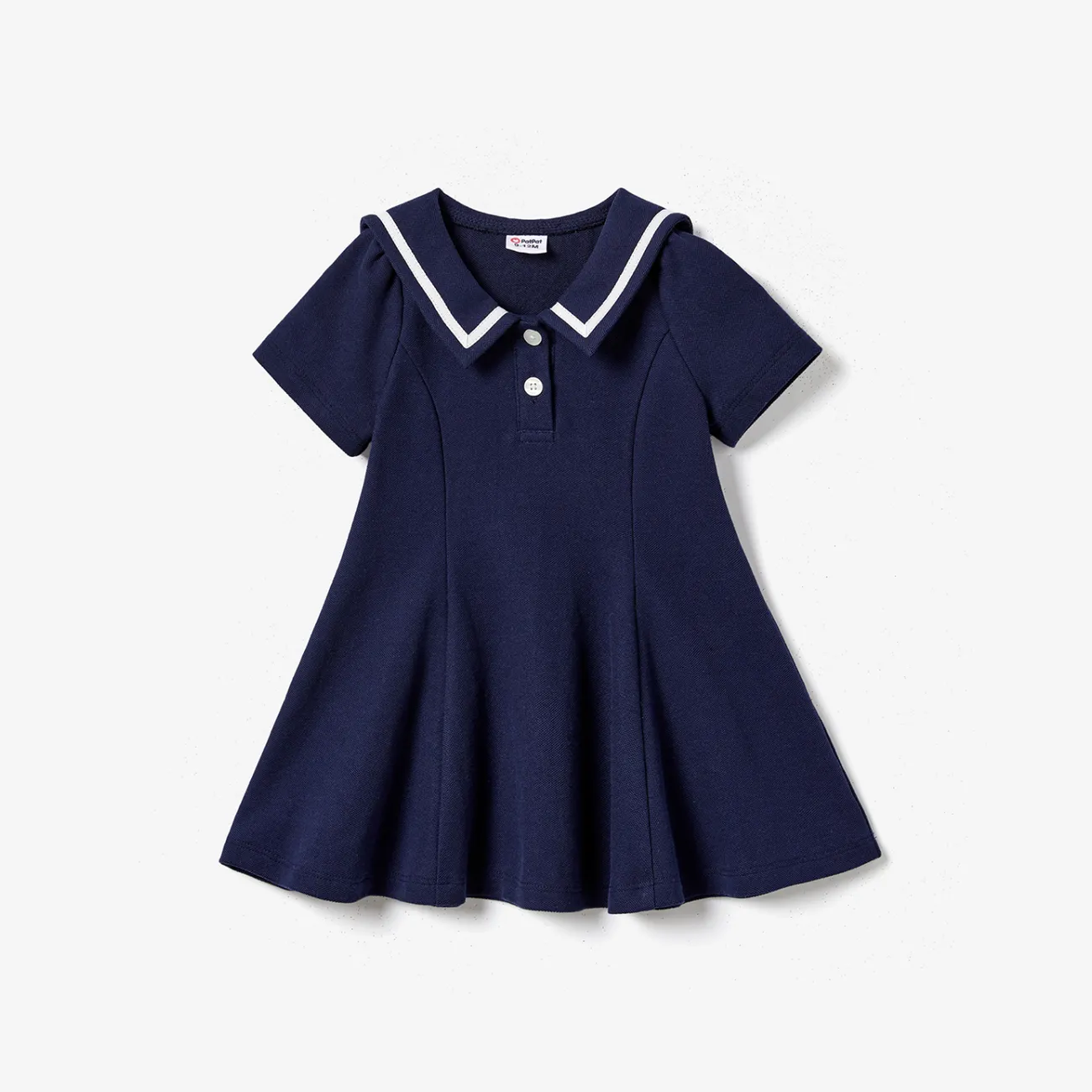 Family Matching Casual Navy Blue Short-sleeve Stripes Polo Shirts and Solid Sailor Collar Smocked Hem Dresses Sets Tibetan blue big image 1