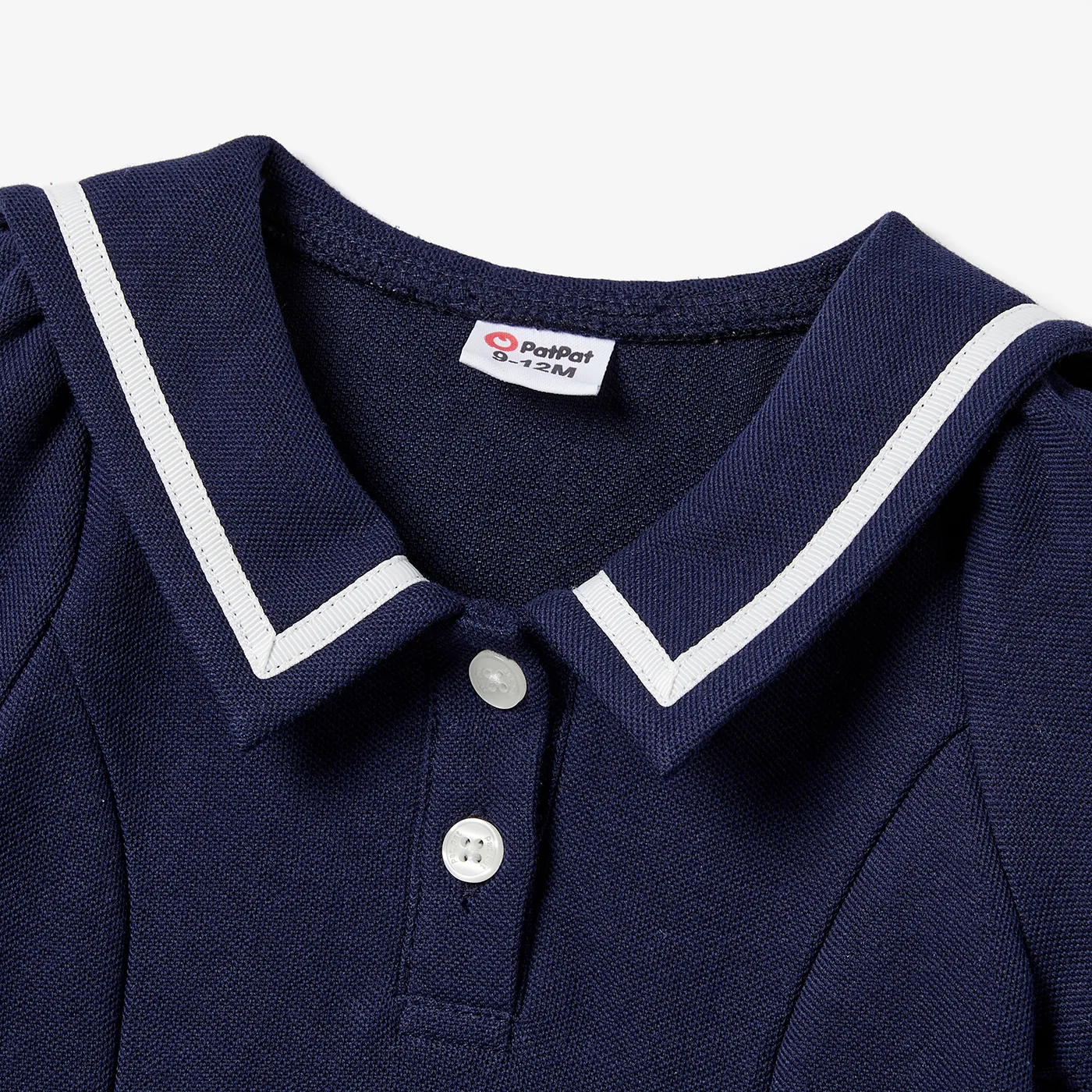 Family Matching Casual Navy Blue Short-sleeve Stripes Polo Shirts and Solid Sailor Collar Smocked Hem Dresses Sets Tibetan blue image 3