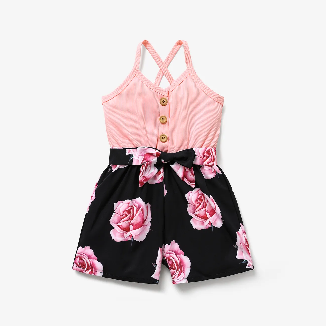 Toddler Girl Floral Print Splice Button Design Back Crisscross Belted Cami Romper Pink big image 1