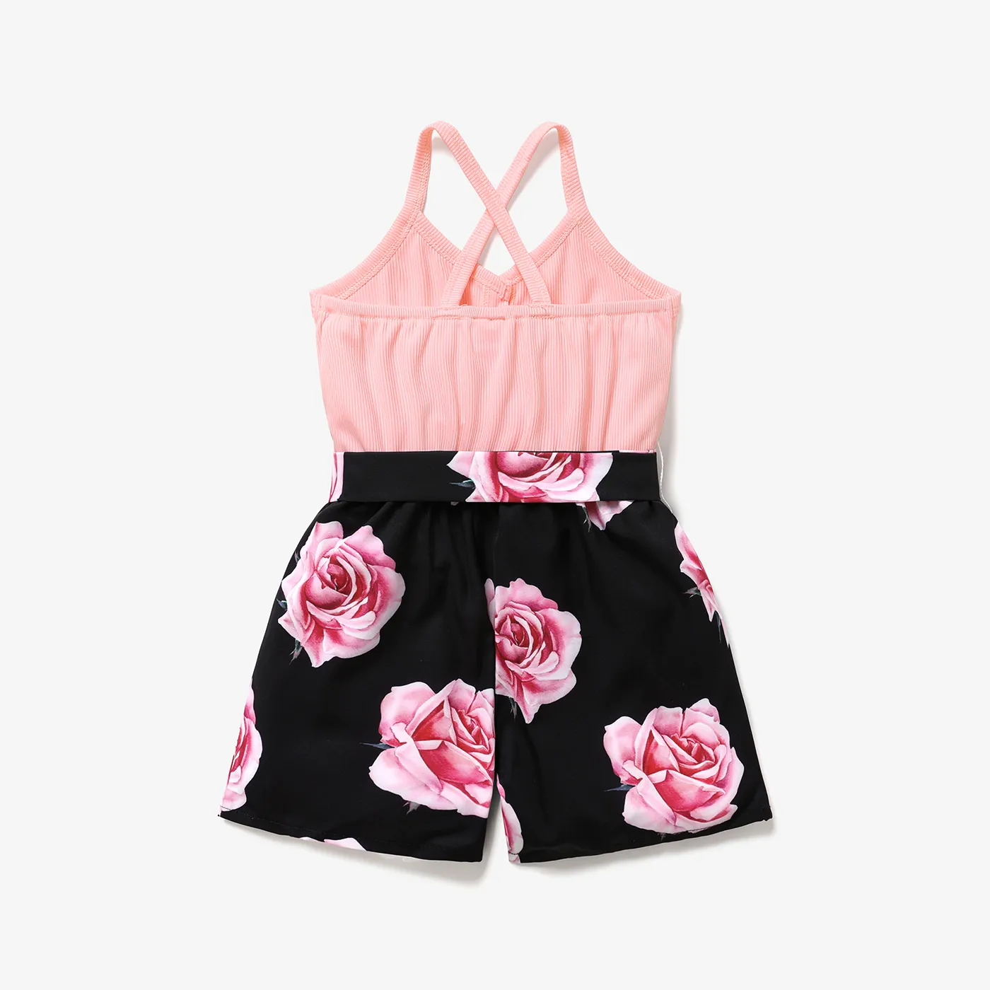 Toddler Girl Floral Print Splice Button Design Back Crisscross Belted Cami Romper Pink image 2