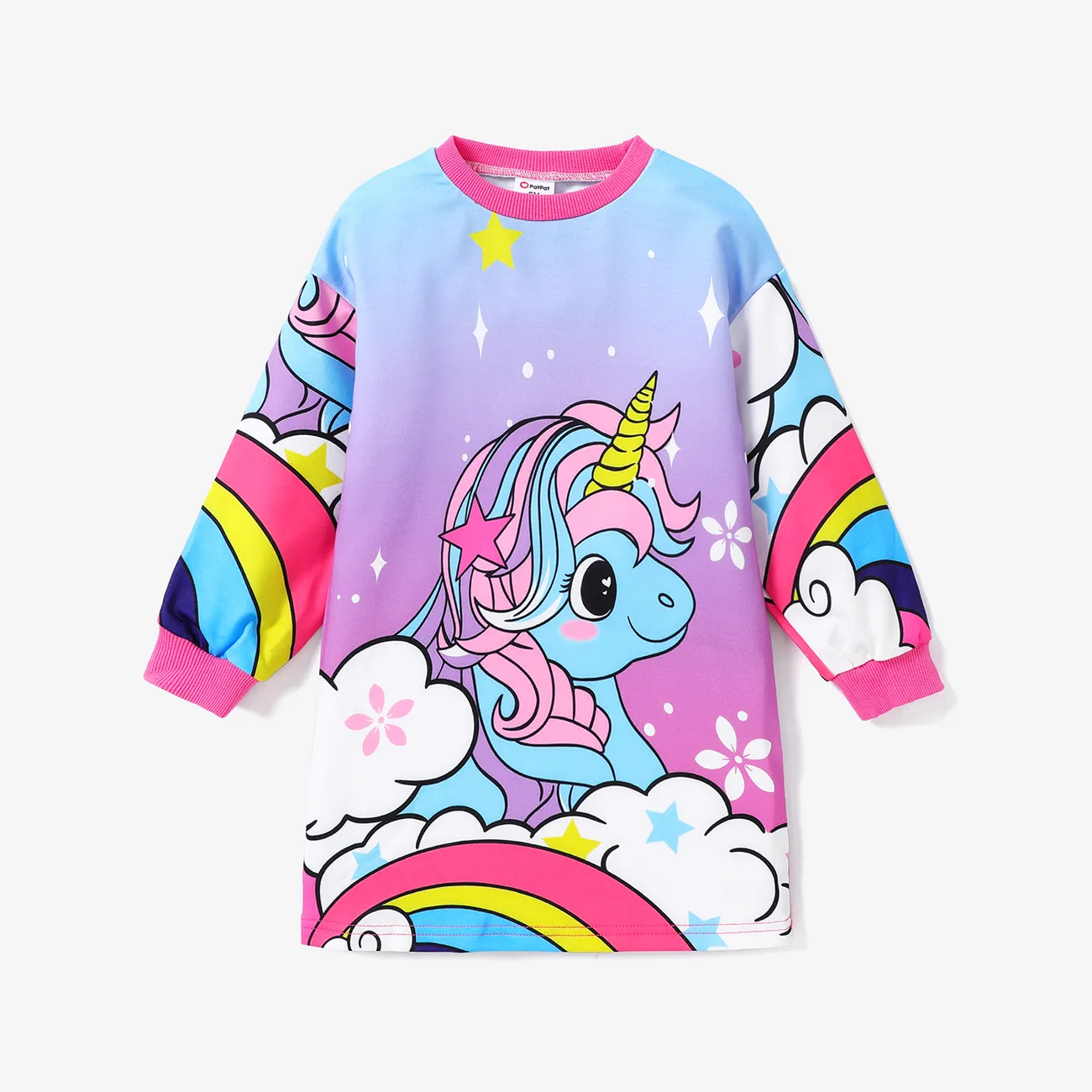 Toddler Girl Sweet Unicorn Rainbow Print Long-sleeve Sweatshirt Dress  big image 1