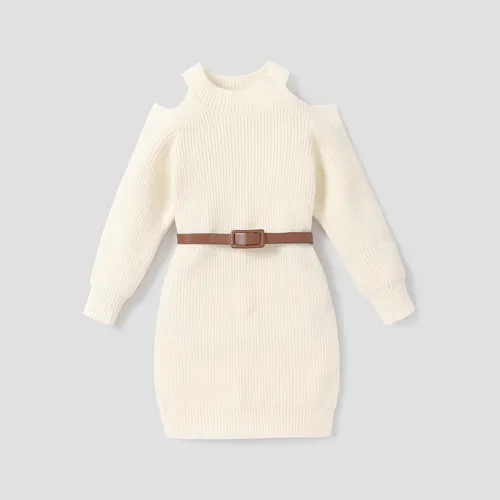 2 pcsKid Girl Solid Color Sweater dress with Belt