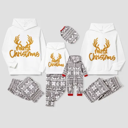 Christmas Family Matching Letters Embroidered Long-sleeve Hooded Fleece Pajamas Sets(Flame resistant)