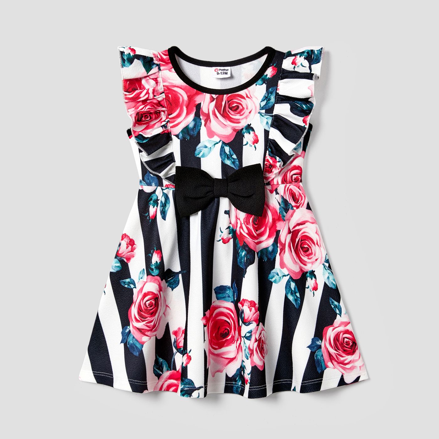 Valentine's Day Family Matching Short-Sleeve Patch Pocket T-shirts And Flower Print Belted Sleeveless Dresses Sets