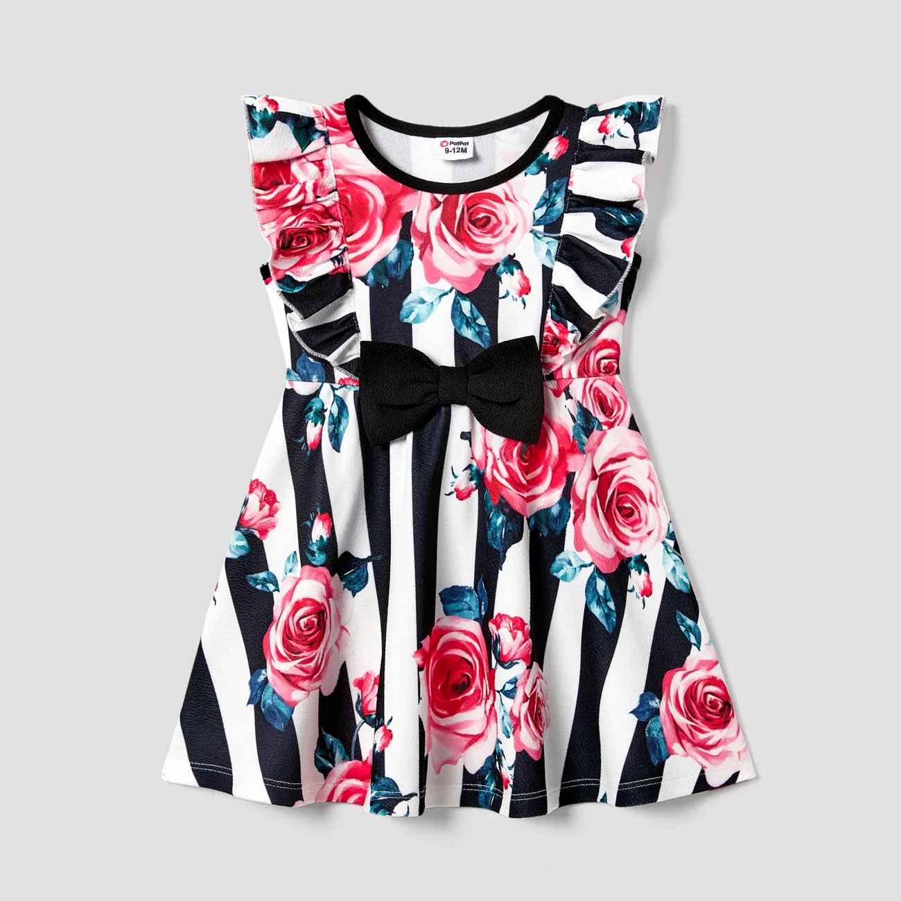 Valentine's Day Family Matching Short-Sleeve Patch Pocket T-shirts and Flower Print Belted Sleeveless Dresses Sets Black big image 1