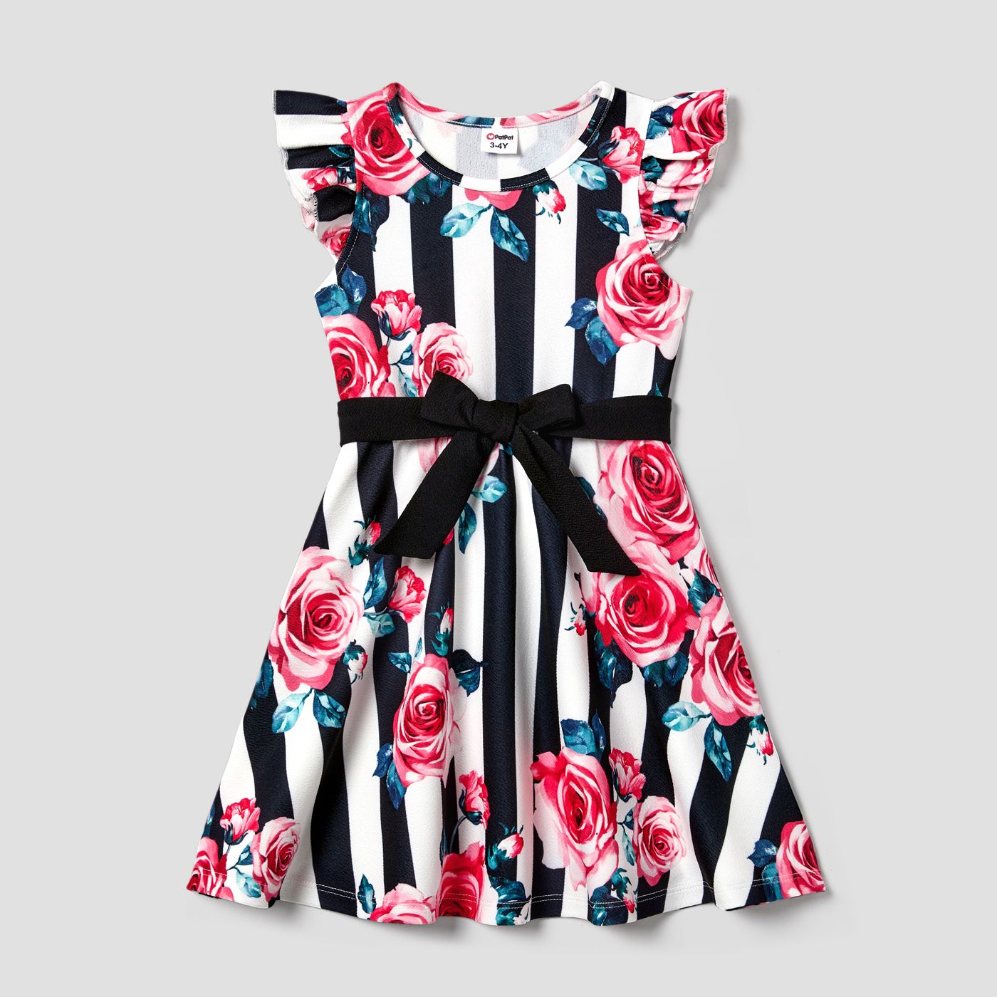 

Family Matching Sets Big Flower Print Polyester Belted Sleeveless Dresses or Cotton Short-Sleeve Patch Pocket T-shirts