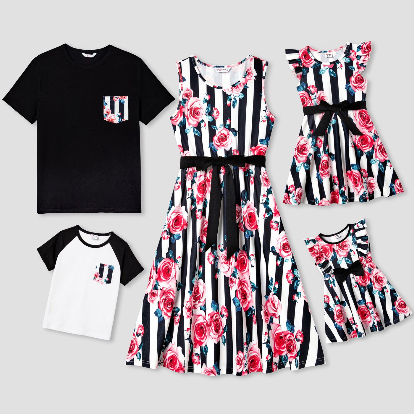 Valentine's Day Family Matching Short-Sleeve Patch Pocket T-shirts And Flower Print Belted Sleeveless Dresses Sets