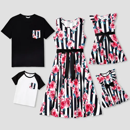 Family Matching Sets Big Flower Print Polyester Belted Sleeveless Dresses or Cotton Short-Sleeve Patch Pocket T-shirts