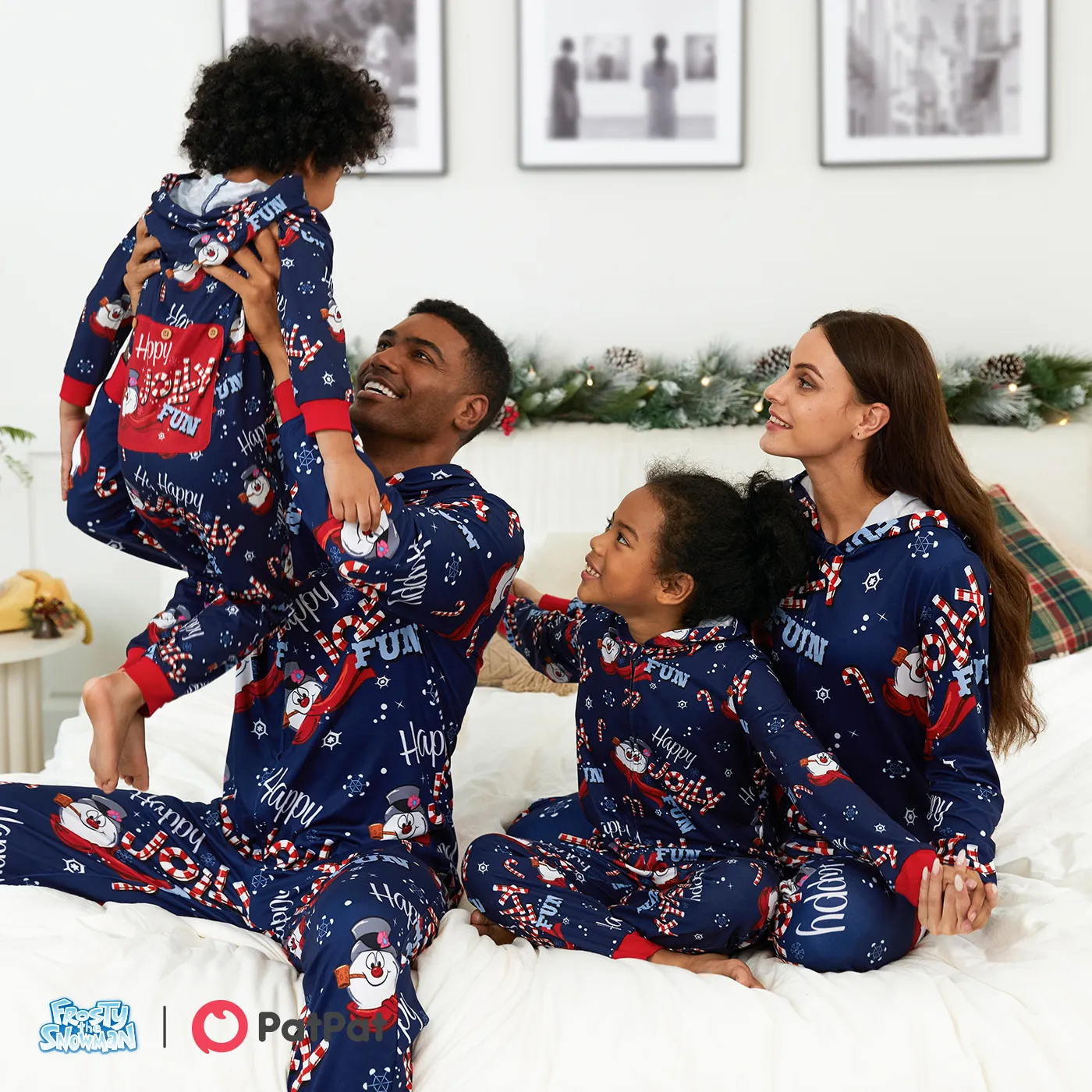 Frosty The Snowman Family Matching Christmas Allover Zip-up Hooded Onesies Pajamas(Flame Resistant) Deep Blue image 2