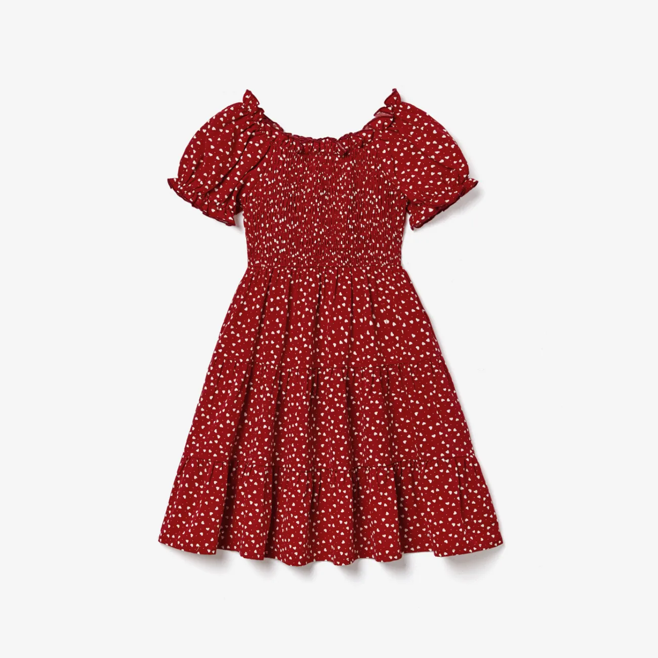 Family Matching Short Sleeve Color-block T-shirts and Heart Pattern Puff-sleeve Smocked Hem Dresses Sets Burgundy big image 1