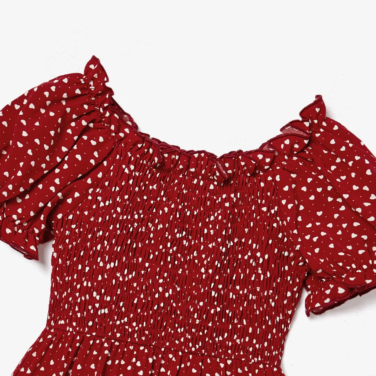 Family Matching Short Sleeve Color-block T-shirts and Heart Pattern Puff-sleeve Smocked Hem Dresses Sets Burgundy big image 1