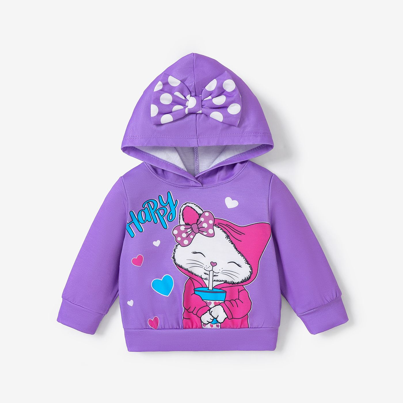 Baby Girls Childlike Cat Animal Print Bowknot Design Hooded Pullover
