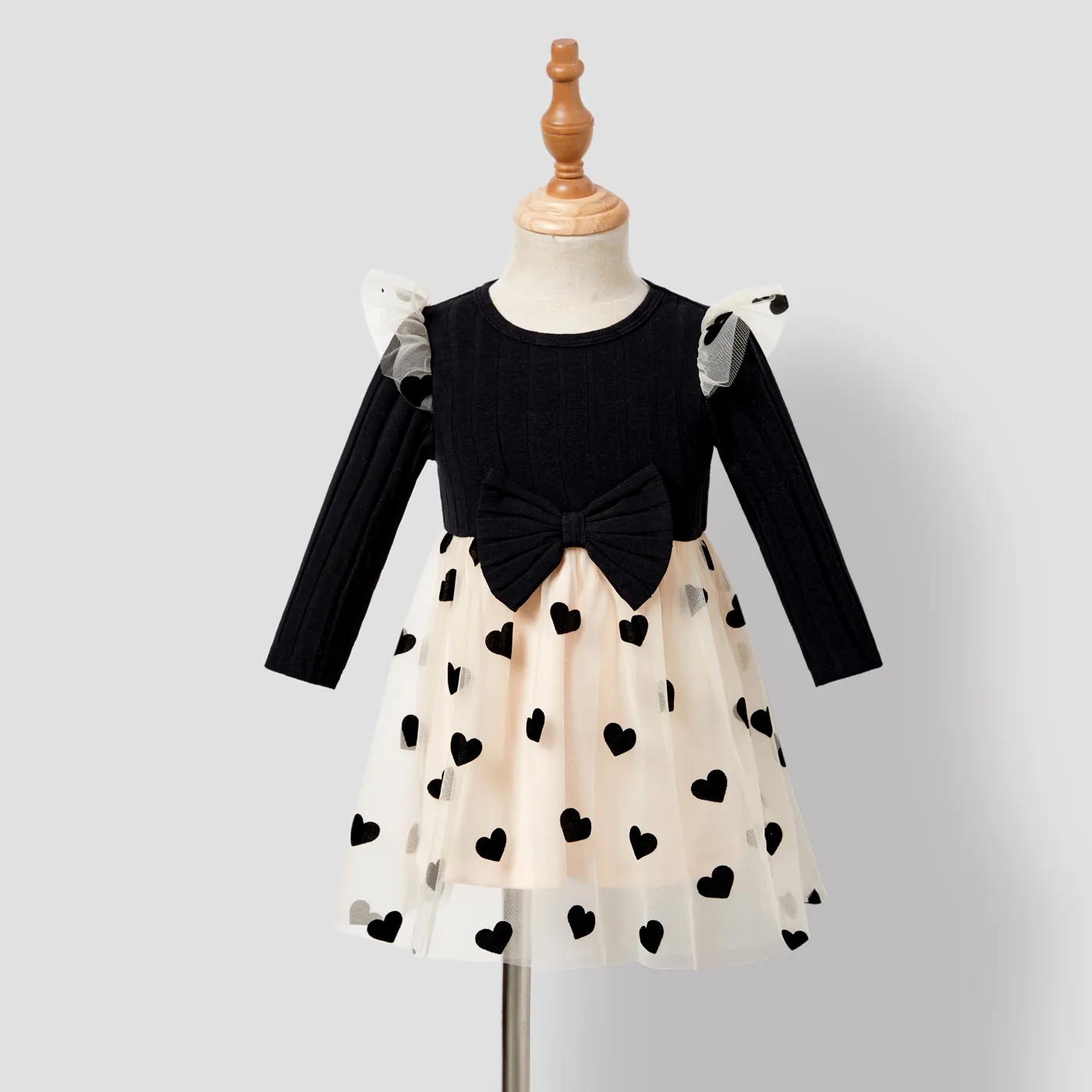 Family Matching Long Sleeve Color-block Tops and Bow Design Love Print Mesh Splicing Dresses Sets Apricot image 2