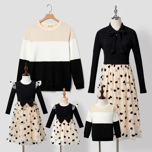 Family Matching Long Sleeve Color-block Tops and Bow Design Love Print Mesh Splicing Dresses Sets