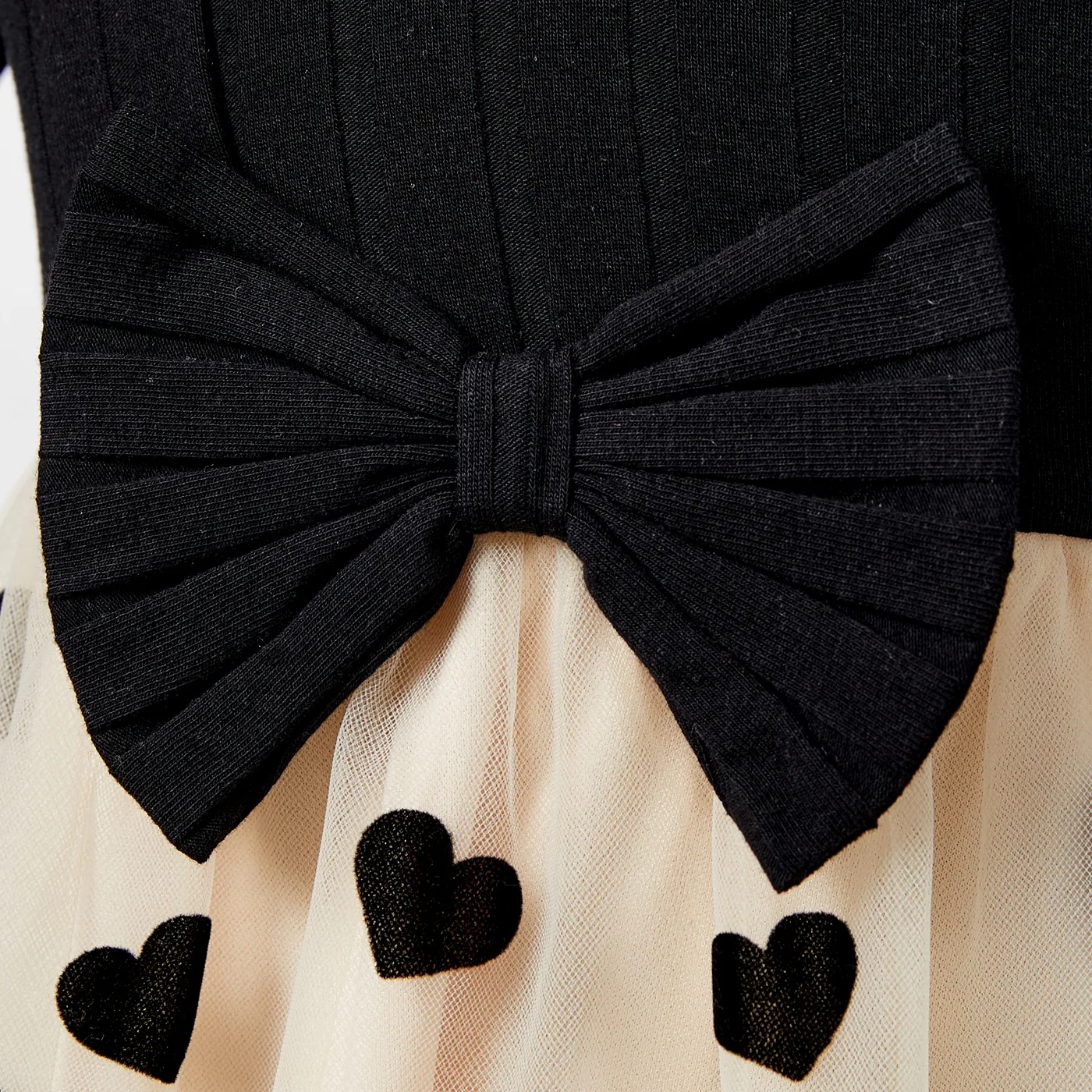 Family Matching Long Sleeve Color-block Tops and Bow Design Love Print Mesh Splicing Dresses Sets Apricot image 4