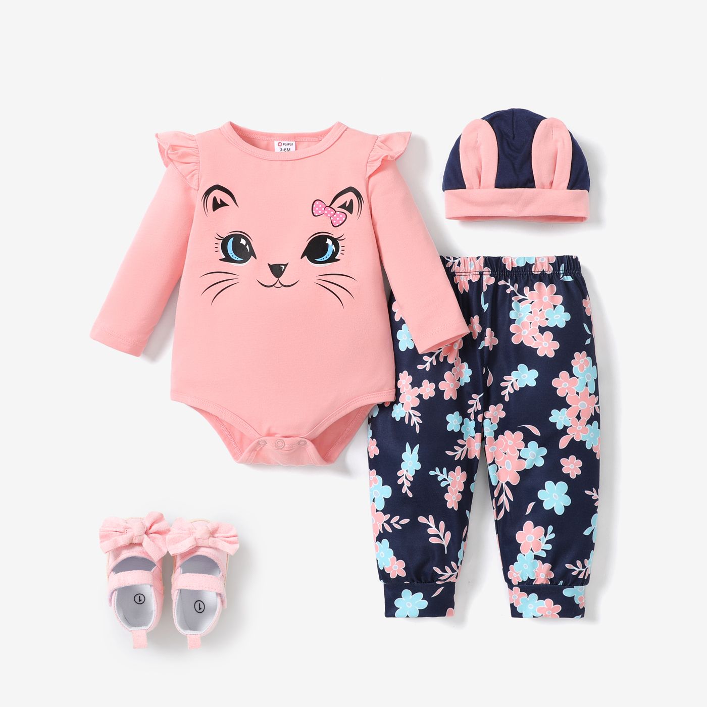 Baby Girl's 3pcs Hyper-Tactile Floral Cat Animal pattern Tshirt and Pants Set with Hat