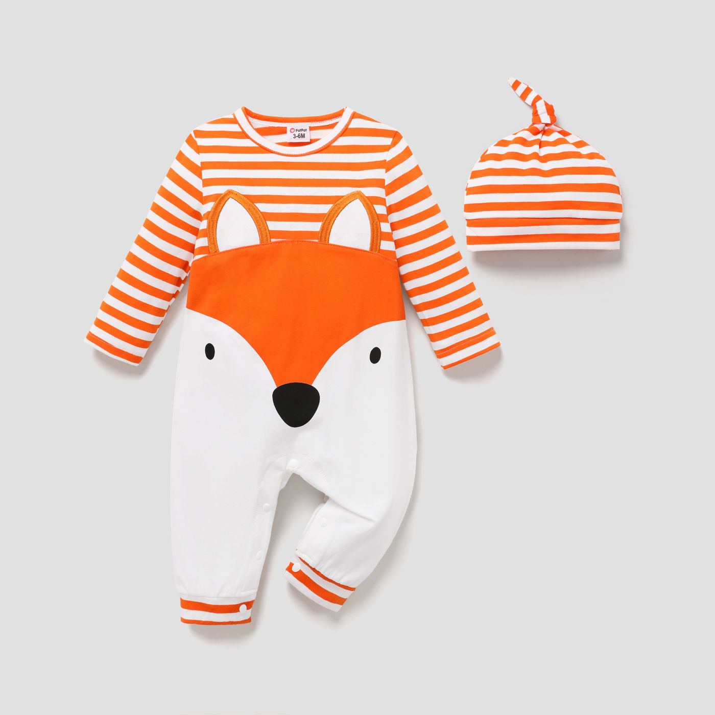 

2pcs Baby Boy/Girl 95% Cotton Fox Print Striped Long-sleeve Spliced Jumpsuit with Hat Set