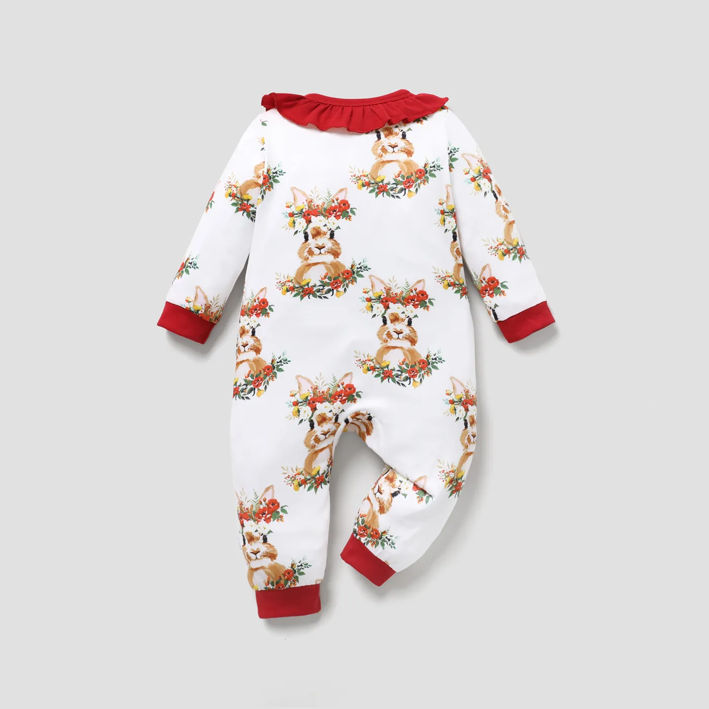 Baby Girl Rabbit & Floral Print Long-sleeve Ruffled Jumpsuit  White image 2