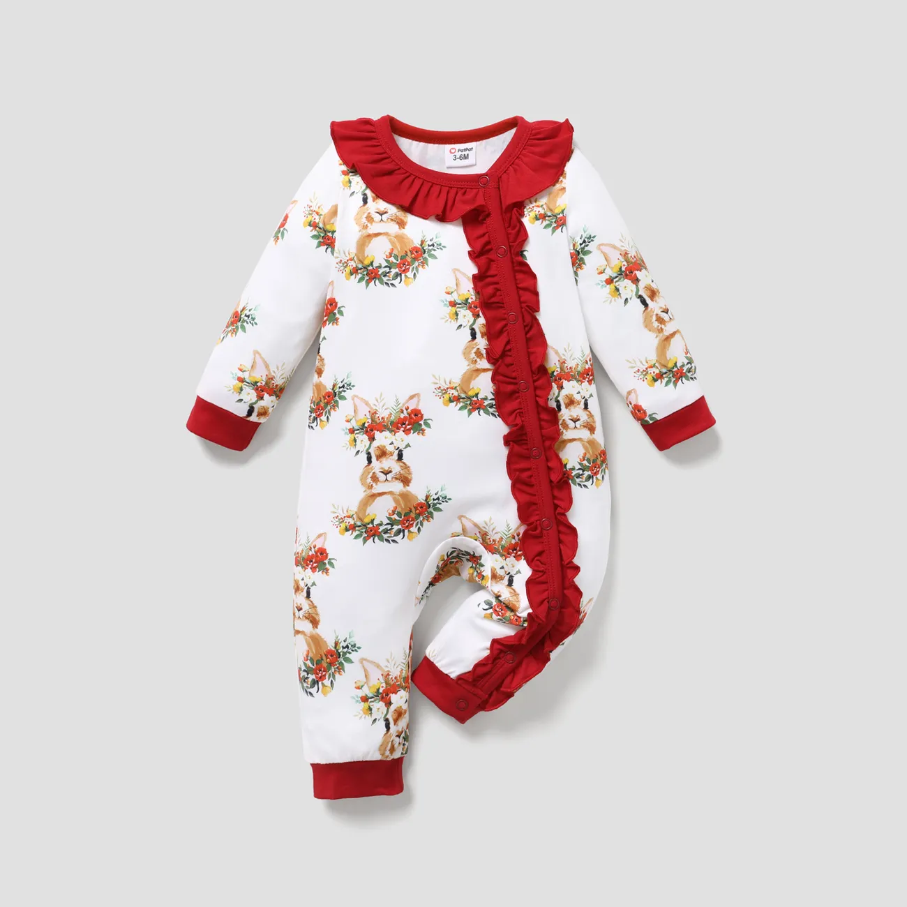 Baby Girl Rabbit & Floral Print Long-sleeve Ruffled Jumpsuit  White big image 1