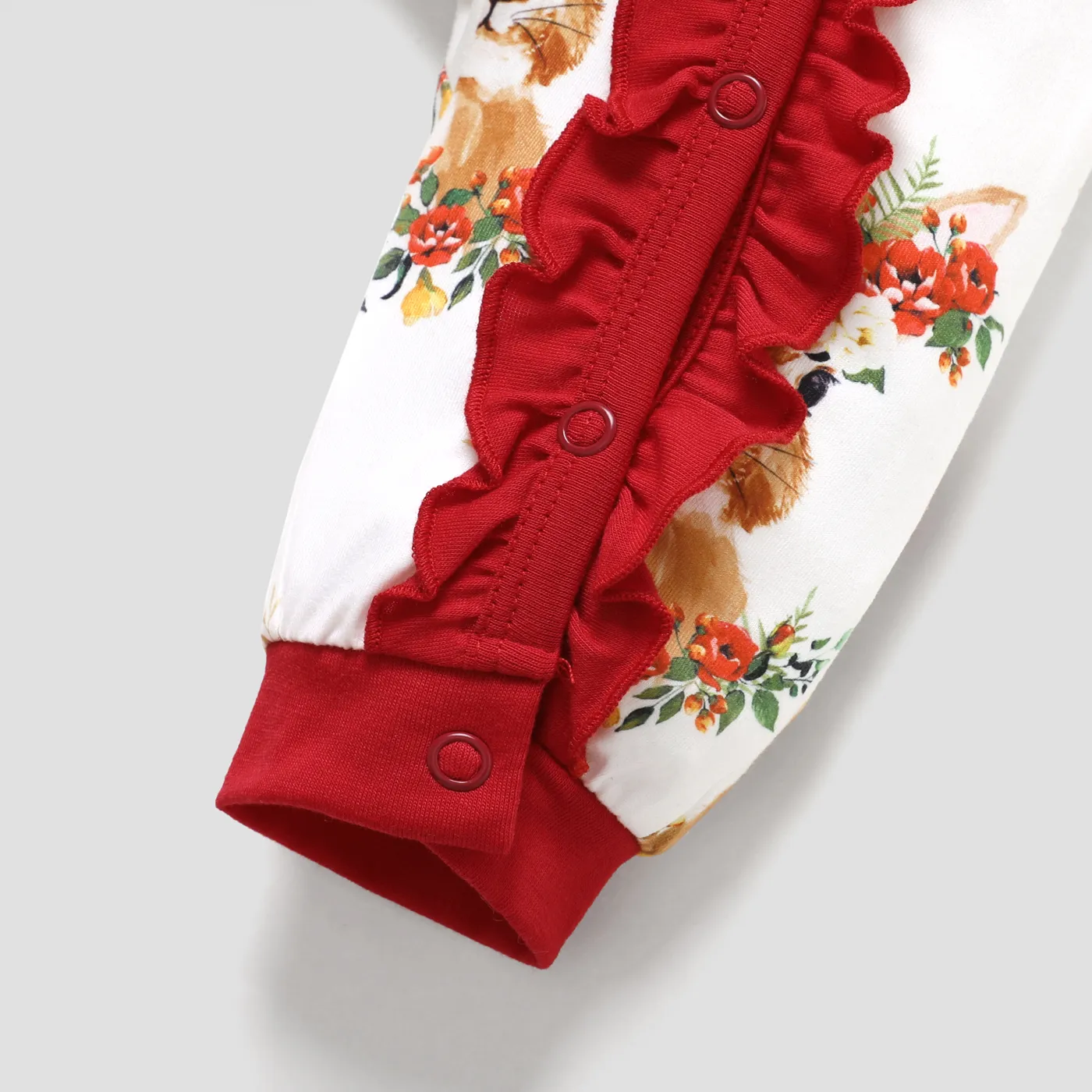 Baby Girl Rabbit & Floral Print Long-sleeve Ruffled Jumpsuit  White image 4