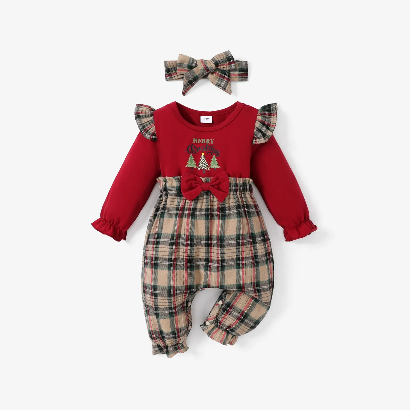 Christmas 2pcs Baby Girl 95% Cotton Ruffle Long-sleeve Xmas Tree & Letter Print Spliced Plaid Jumpsuit With Headband Set