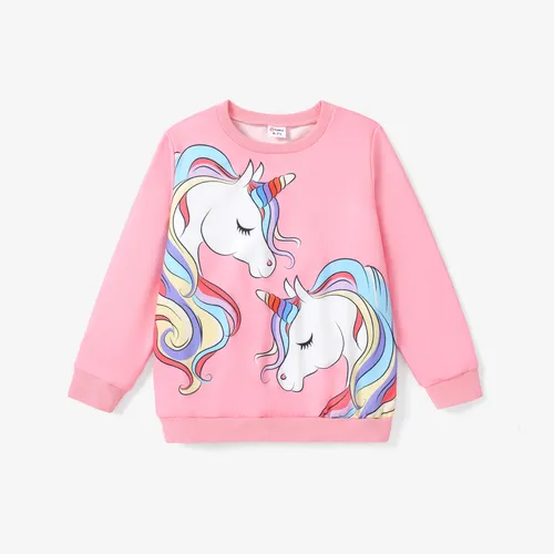 Kid Girl Unicorn Print Fleece Lined Pink Pullover Sweatshirt