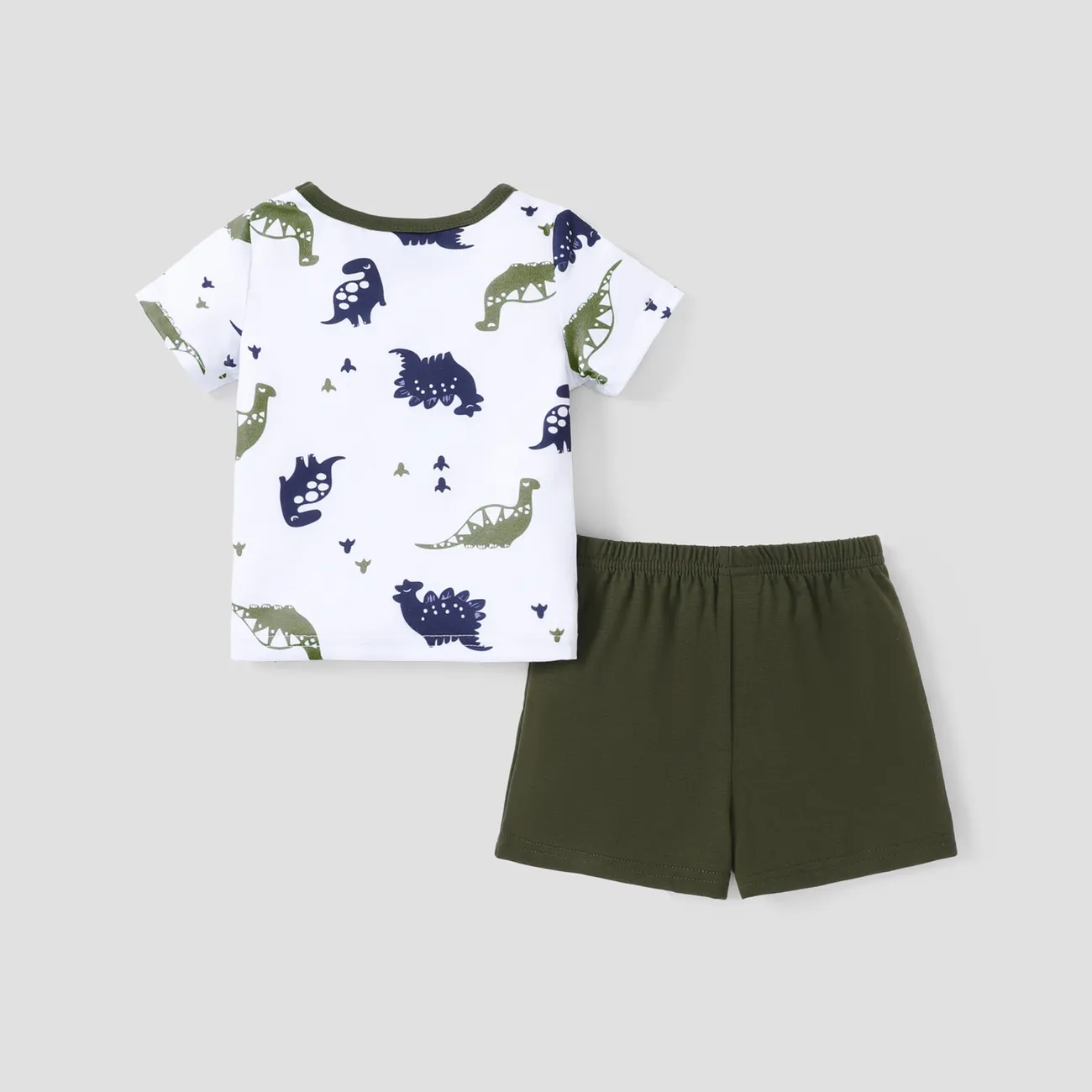 2pcs Baby Boy All Over Dinosaur Print Short-sleeve Tee and Solid Shorts Set Army green big image 1