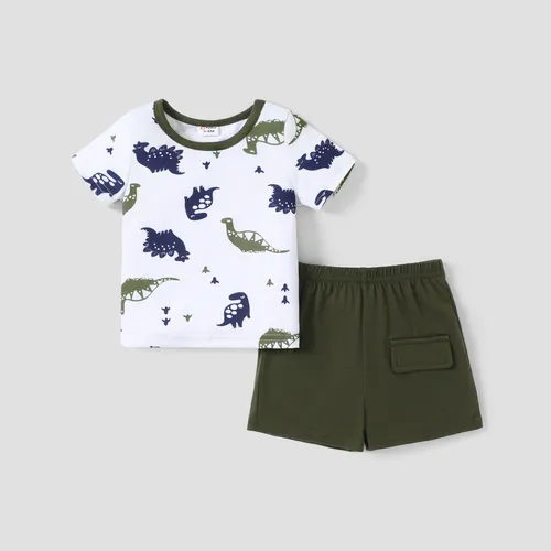 2pcs Baby Boy All Over Dinosaur Print Short-sleeve Tee and Solid Shorts Set