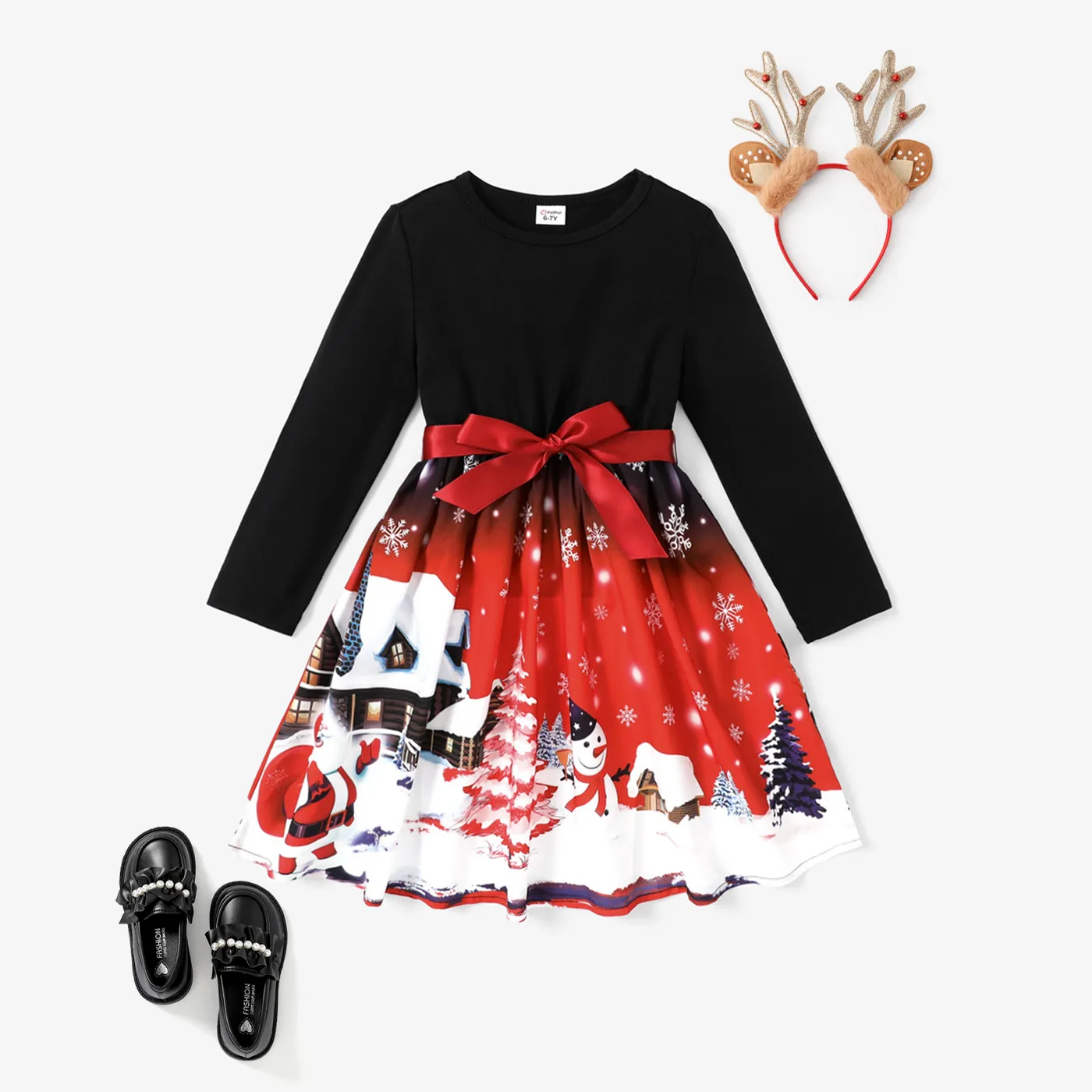 Christmas Kid Girl Dress with Belt Black big image 1