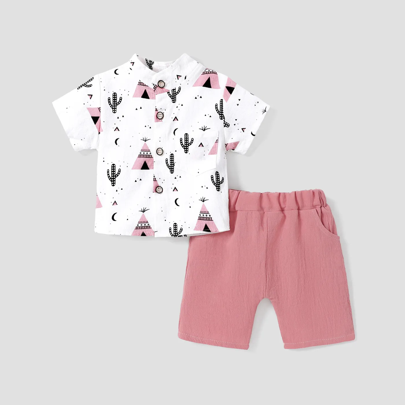 2pcs Baby Boy 95% Cotton Short-sleeve All Over Cactus Print Button Up Shirt And Solid Shorts Set