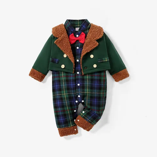 Christmas Baby Boys Grid Long Sleeve Casual One-Piece Jumpsuit