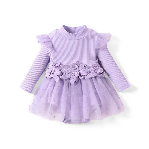 Baby Girl Sweet 3D Hyper-Tactile Lace Ribbed Romper